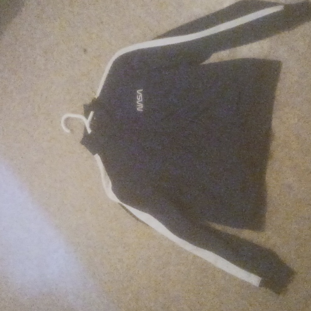 Large kid, NASA jacket navy blue with white stripes on the sleeves